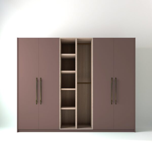 2.8 metre blush pink coloured freestanding wardrobe by On-Trend Wardrobes, with flat-panel door design and an open oak storage unit between each wardrobe, in a white studio setting