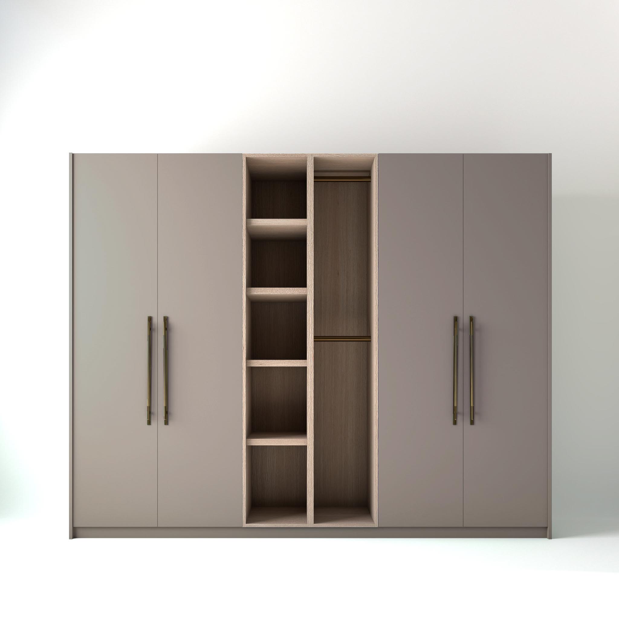 2.8 metre grey coloured freestanding wardrobe by On-Trend Wardrobes, with flat-panel door design and an open oak storage unit between each wardrobe, in a white studio setting