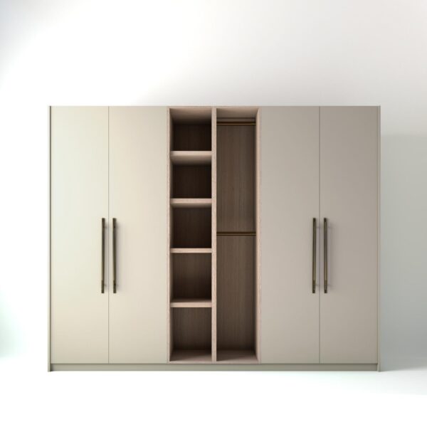 2.8 metre off-white coloured freestanding wardrobe by On-Trend Wardrobes, with flat-panel door design and an open oak storage unit between each wardrobe, in a white studio setting