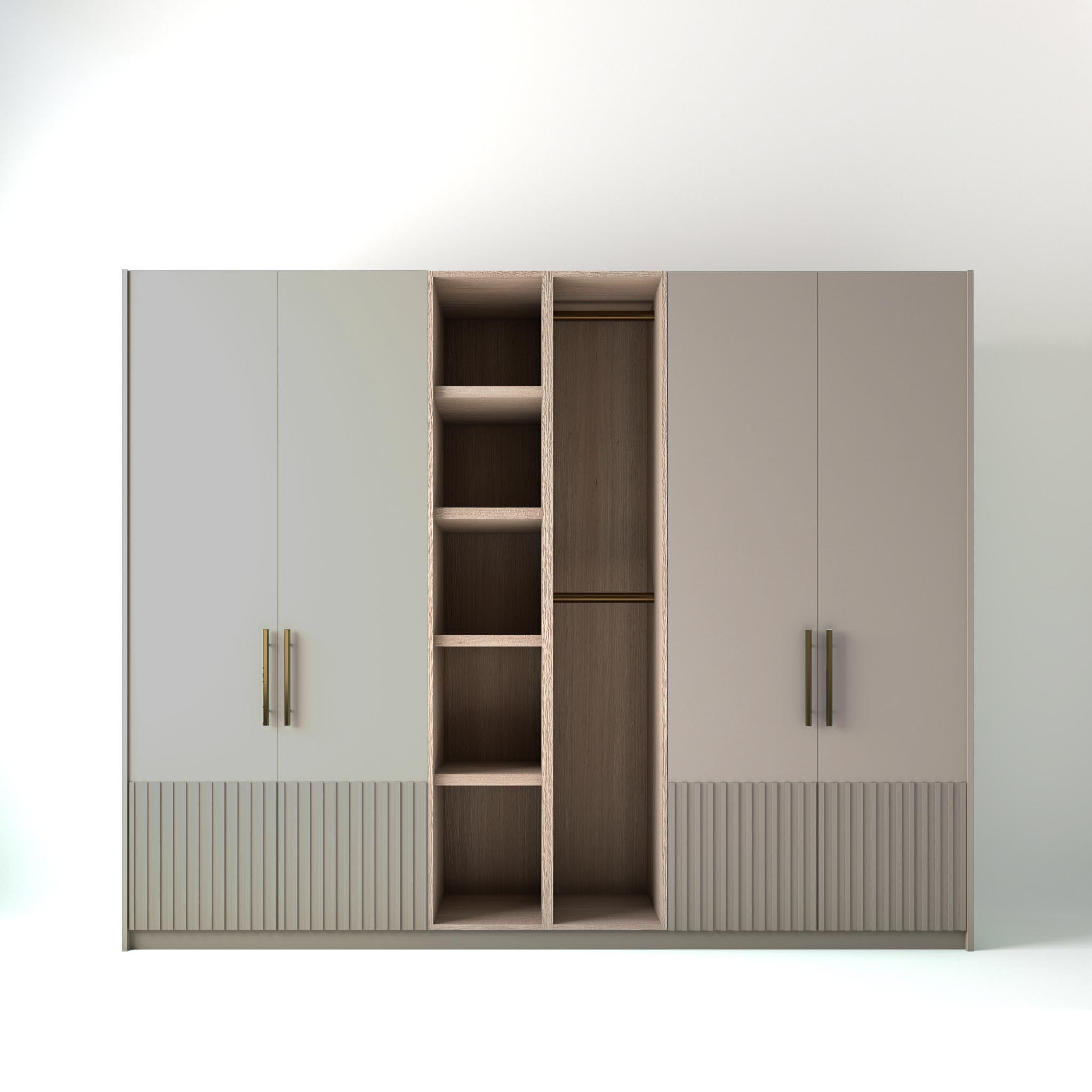 2.8 metre grey coloured freestanding wardrobe by On-Trend Wardrobes, with low ribbed door design and an open oak storage unit between each wardrobe, in a white studio setting