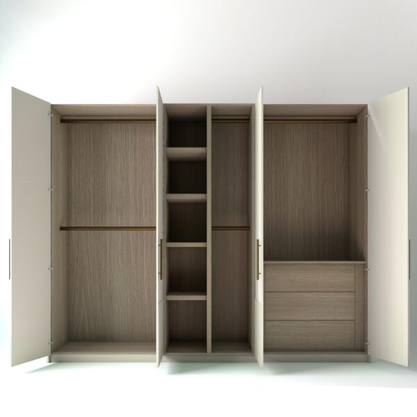 2.8 metre off-white coloured freestanding wardrobe with open doors. low ribbed door design and oak internal storage and drawers in a white studio setting