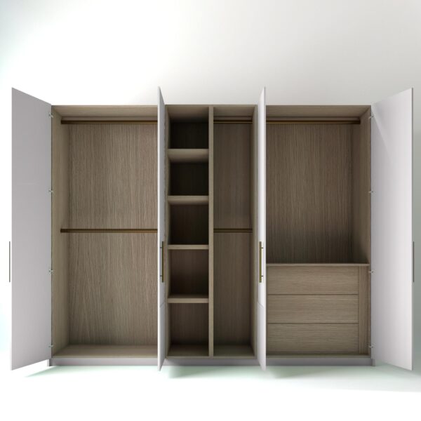 2.8 metre white coloured freestanding wardrobe with open doors. low ribbed door design and oak internal storage and drawers in a white studio setting
