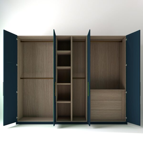 2.8 metre blue coloured freestanding wardrobe with open doors. low ribbed door design and oak internal storage and drawers in a white studio setting