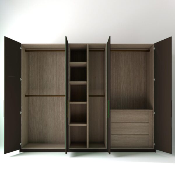 2.8 metre clay coloured freestanding wardrobe with open doors. low ribbed door design and oak internal storage and drawers in a white studio setting