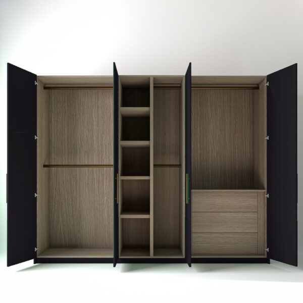 2.8 metre plum coloured freestanding wardrobe with open doors. low ribbed door design and oak internal storage and drawers in a white studio setting