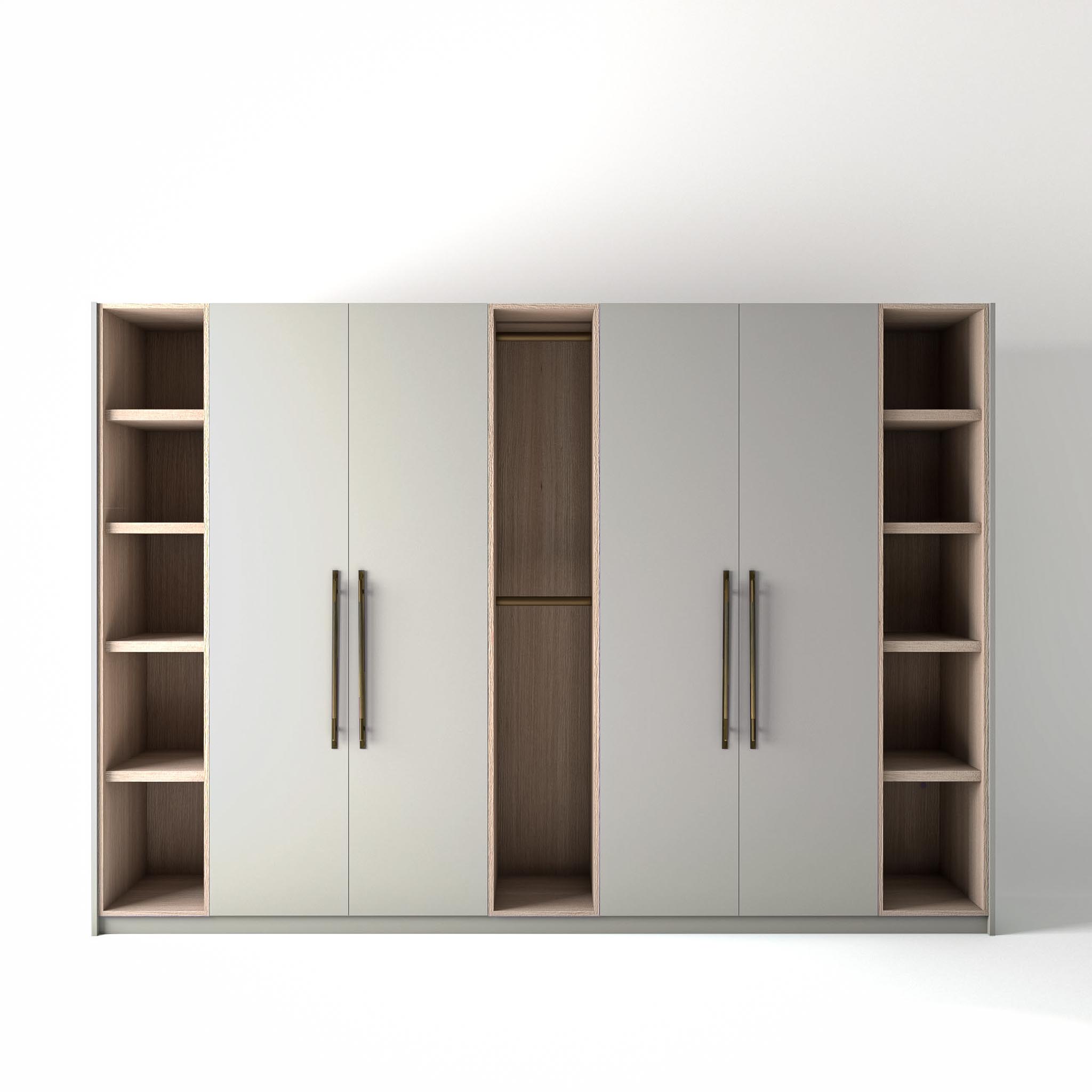 OnTrend 3.2m_0010_Plain Light Elephants Breath 3.2 metre light grey coloured freestanding wardrobe by On-Trend Wardrobes, with flat-panel door design and slim open oak shelving and rail units between each wardrobe, in a white studio setting