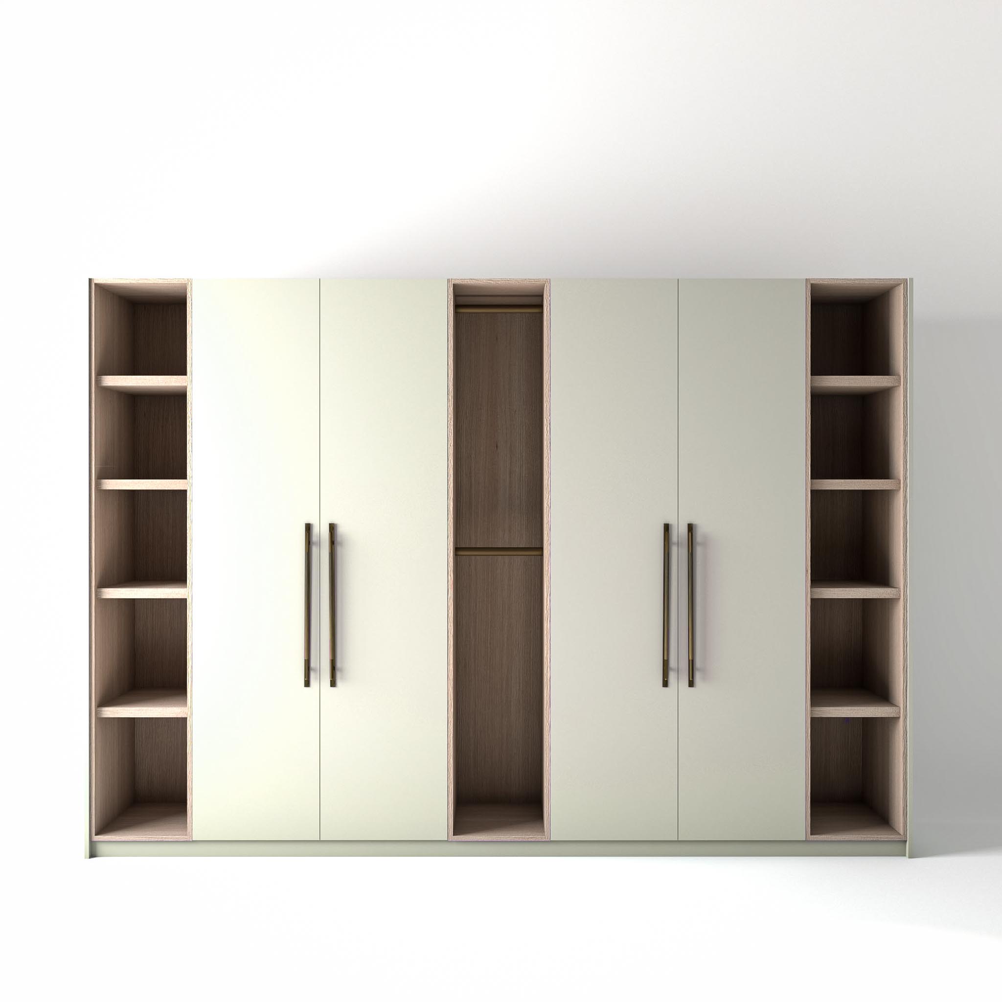 OnTrend 3.2m_0011_Plain Light Schoolhouse White 3.2 metre off-white coloured freestanding wardrobe by On-Trend Wardrobes, with flat-panel door design and slim open oak shelving and rail units between each wardrobe, in a white studio setting