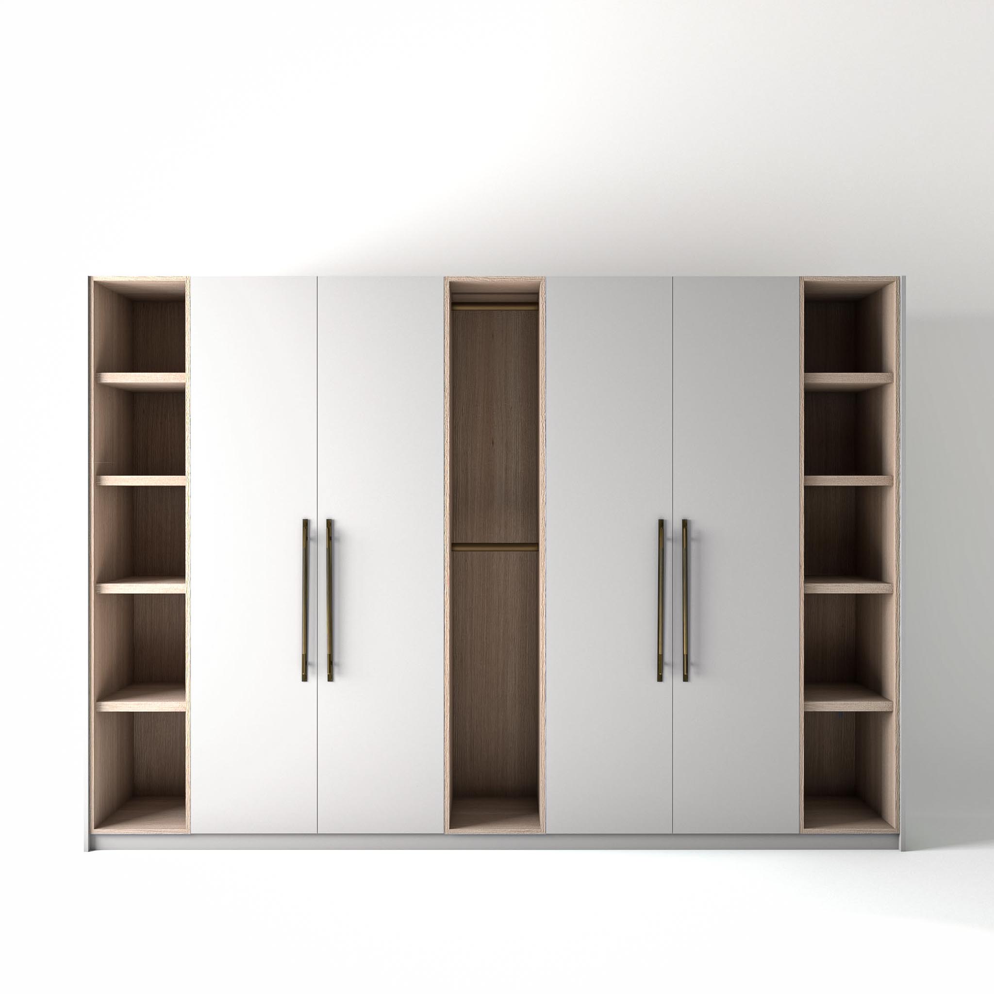 OnTrend 3.2m_0012_Plain Light Skimming Stone 3.2 metre white coloured freestanding wardrobe by On-Trend Wardrobes, with flat-panel door design and slim open oak shelving and rail units between each wardrobe, in a white studio setting