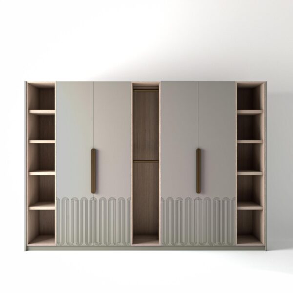 3.2 metre grey coloured freestanding wardrobe by On-Trend Wardrobes, with geo-miami door design and slim open oak shelving and rail units between each wardrobe, in a white studio setting