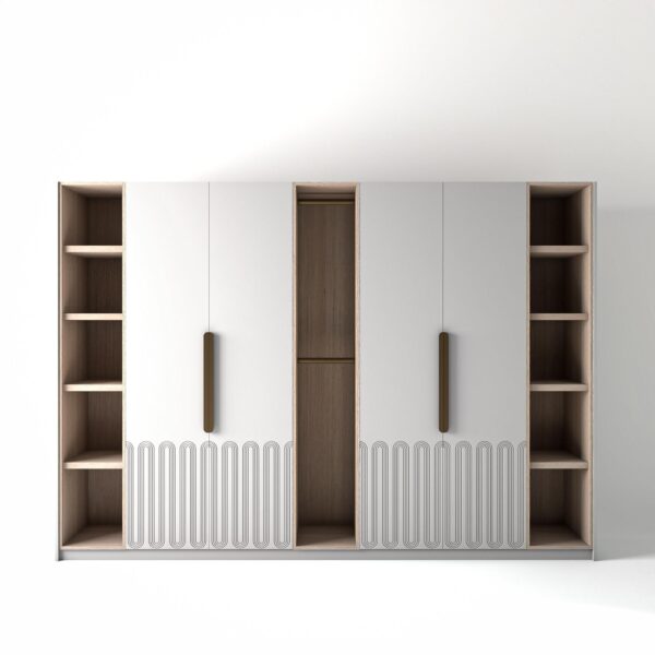 3.2 metre white coloured freestanding wardrobe by On-Trend Wardrobes, with geo-miami door design and slim open oak shelving and rail units between each wardrobe, in a white studio setting