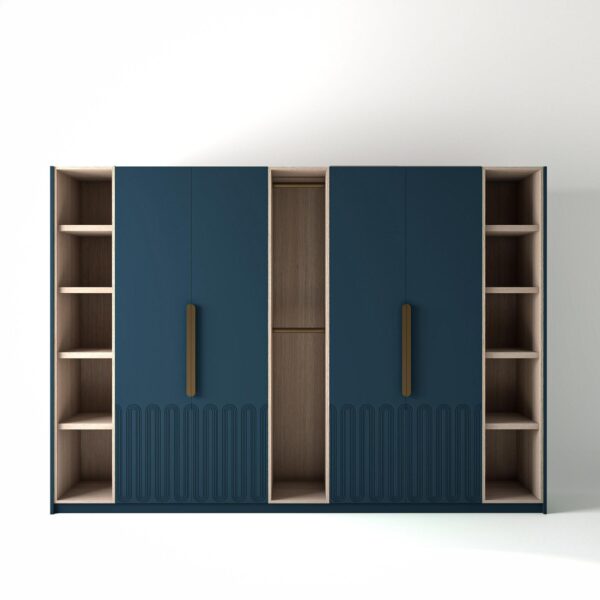 3.2 metre blue coloured freestanding wardrobe by On-Trend Wardrobes, with geo-miami door design and slim open oak shelving and rail units between each wardrobe, in a white studio setting