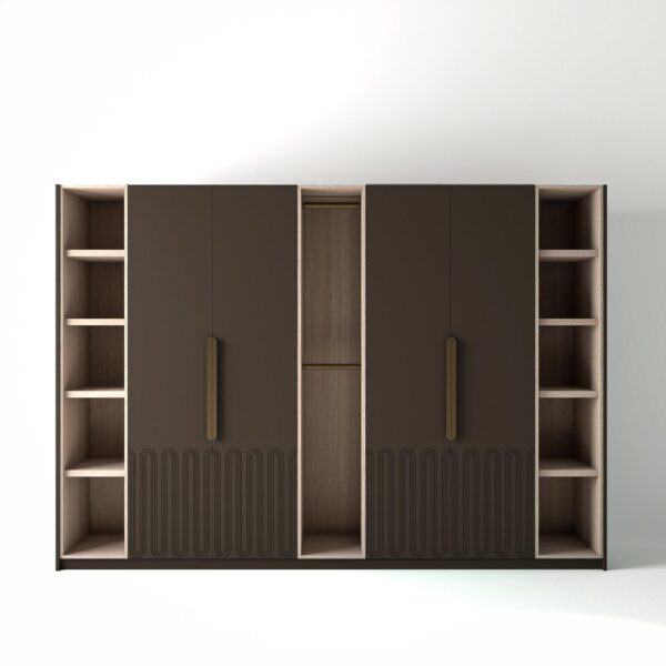 3.2 metre clay coloured freestanding wardrobe by On-Trend Wardrobes, with geo-miami door design and slim open oak shelving and rail units between each wardrobe, in a white studio setting