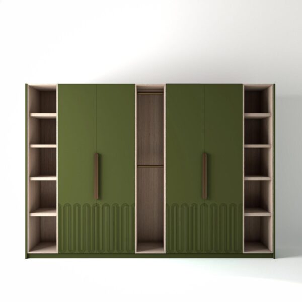 3.2 metre olive coloured freestanding wardrobe by On-Trend Wardrobes, with geo-miami door design and slim open oak shelving and rail units between each wardrobe, in a white studio setting