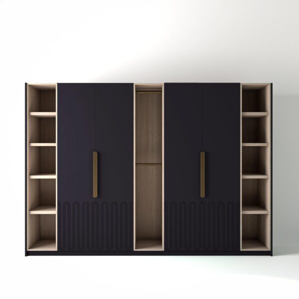 3.2 metre plum coloured freestanding wardrobe by On-Trend Wardrobes, with geo-miami door design and slim open oak shelving and rail units between each wardrobe, in a white studio setting