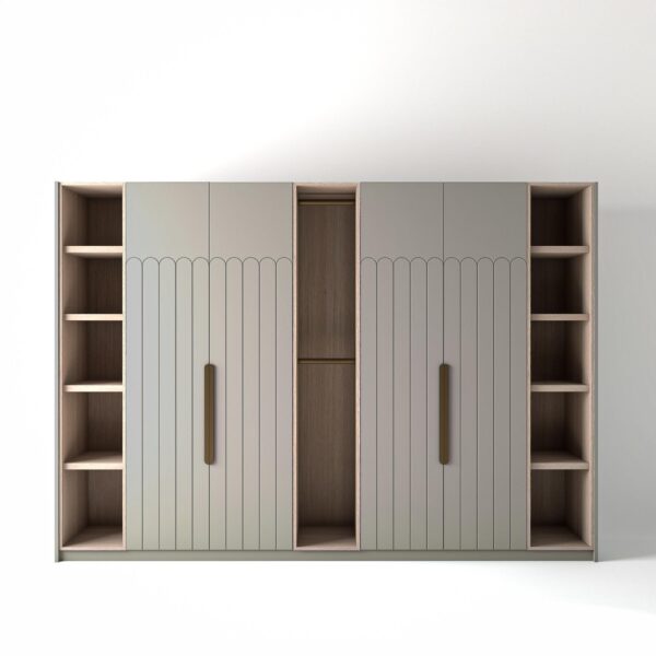 3.2 metre grey coloured freestanding wardrobe by On-Trend Wardrobes, with geo-deco door design and slim open oak shelving and rail units between each wardrobe, in a white studio setting