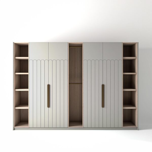 3.2 metre light grey coloured freestanding wardrobe by On-Trend Wardrobes, with geo-deco door design and slim open oak shelving and rail units between each wardrobe, in a white studio setting