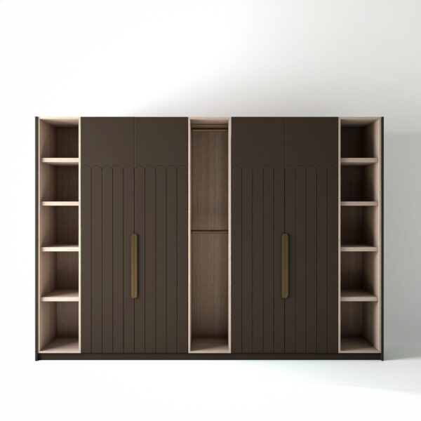 3.2 metre clay coloured freestanding wardrobe by On-Trend Wardrobes, with geo-deco door design and slim open oak shelving and rail units between each wardrobe, in a white studio setting