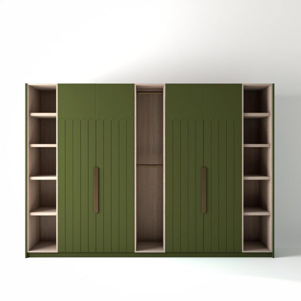 3.2 metre olive coloured freestanding wardrobe by On-Trend Wardrobes, with geo-deco door design and slim open oak shelving and rail units between each wardrobe, in a white studio setting