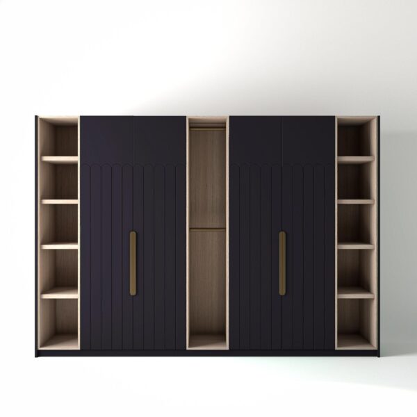 3.2 metre plum coloured freestanding wardrobe by On-Trend Wardrobes, with geo-deco door design and slim open oak shelving and rail units between each wardrobe, in a white studio setting