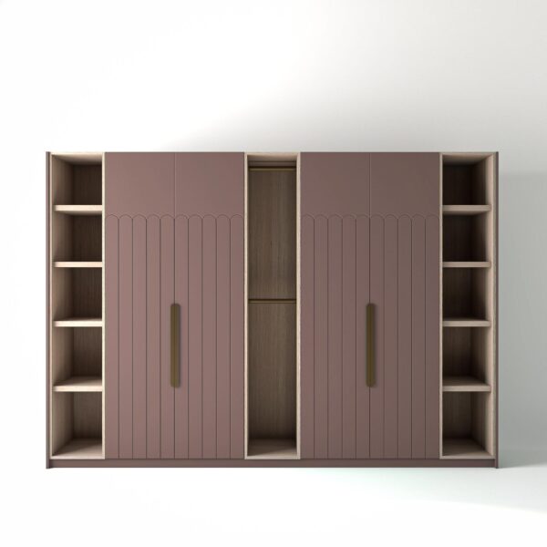3.2 metre blush-pink coloured freestanding wardrobe by On-Trend Wardrobes, with geo-deco door design and slim open oak shelving and rail units between each wardrobe, in a white studio setting