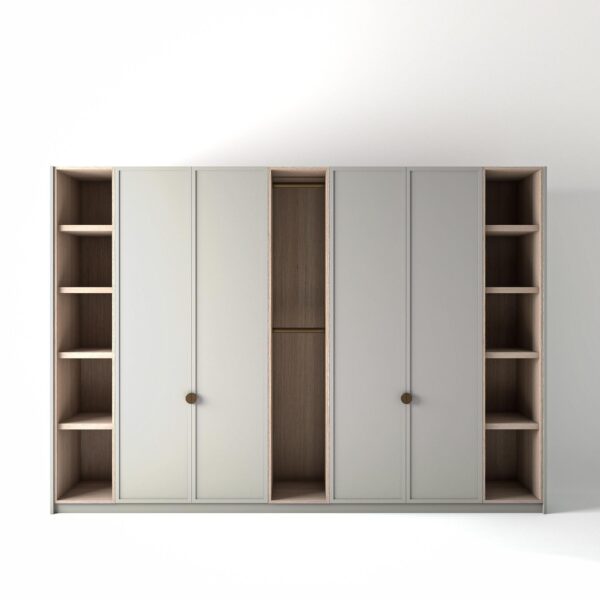 3.2 metre light grey coloured freestanding wardrobe by On-Trend Wardrobes, with modern shaker door design and slim open oak shelving and rail units between each wardrobe, in a white studio setting