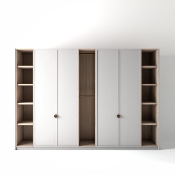 3.2 metre white coloured freestanding wardrobe by On-Trend Wardrobes, with modern shaker door design and slim open oak shelving and rail units between each wardrobe, in a white studio setting