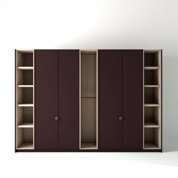3.2 metre wine coloured freestanding wardrobe by On-Trend Wardrobes, with modern shaker door design and slim open oak shelving and rail units between each wardrobe, in a white studio setting