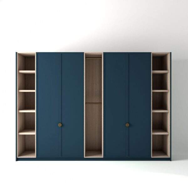 3.2 metre blue coloured freestanding wardrobe by On-Trend Wardrobes, with modern shaker door design and slim open oak shelving and rail units between each wardrobe, in a white studio setting