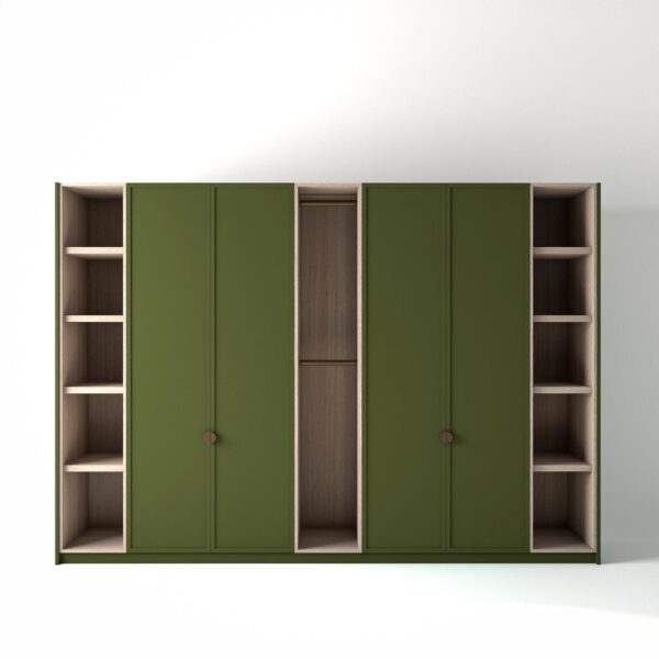 3.2 metre olive coloured freestanding wardrobe by On-Trend Wardrobes, with modern shaker door design and slim open oak shelving and rail units between each wardrobe, in a white studio setting
