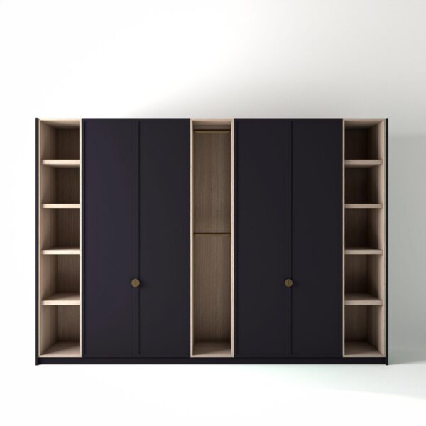 3.2 metre plum coloured freestanding wardrobe by On-Trend Wardrobes, with modern shaker door design and slim open oak shelving and rail units between each wardrobe, in a white studio setting