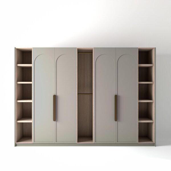 3.2 metre grey coloured freestanding wardrobe by On-Trend Wardrobes, with arched shaker door design and slim open oak shelving and rail units between each wardrobe, in a white studio setting