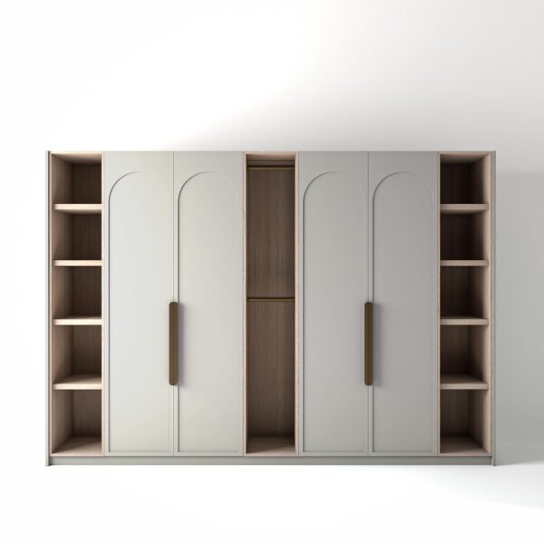 3.2 metre light grey coloured freestanding wardrobe by On-Trend Wardrobes, with arched shaker door design and slim open oak shelving and rail units between each wardrobe, in a white studio setting