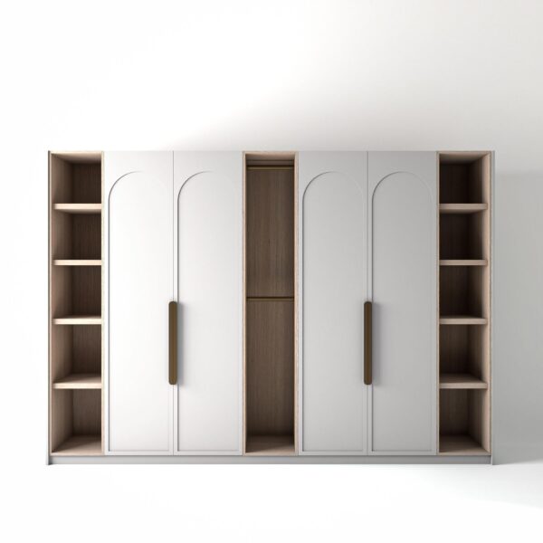 3.2 metre white coloured freestanding wardrobe by On-Trend Wardrobes, with arched shaker door design and slim open oak shelving and rail units between each wardrobe, in a white studio setting