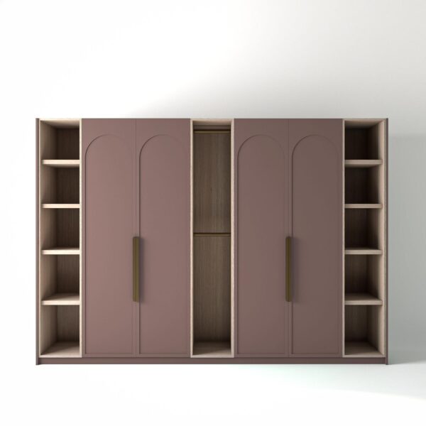 3.2 metre blush-pink coloured freestanding wardrobe by On-Trend Wardrobes, with arched shaker door design and slim open oak shelving and rail units between each wardrobe, in a white studio setting