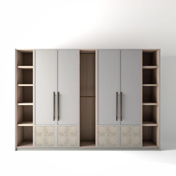 3.2 metre light grey coloured freestanding wardrobe by On-Trend Wardrobes, with modern shaker door design including low linen fabric panel and slim open oak shelving and rail units between each wardrobe, in a white studio setting