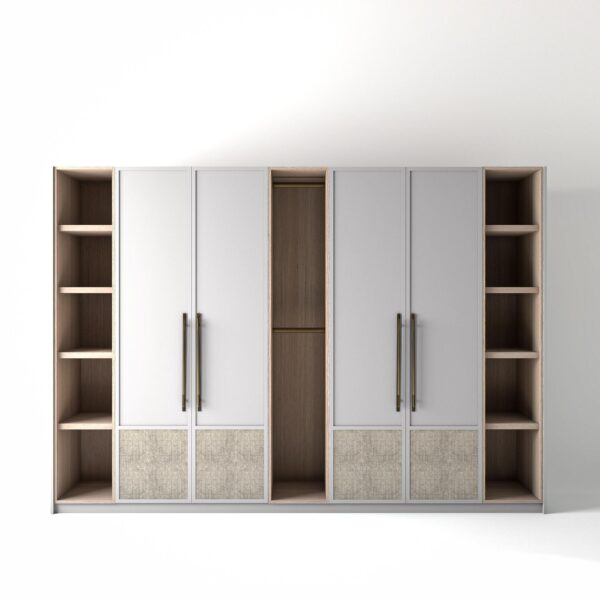 3.2 metre white coloured freestanding wardrobe by On-Trend Wardrobes, with modern shaker door design including low linen fabric panel and slim open oak shelving and rail units between each wardrobe, in a white studio setting