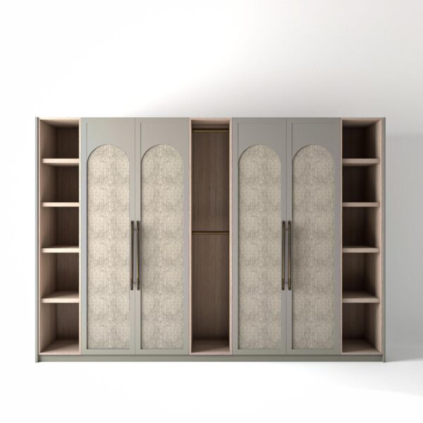 3.2 metre grey coloured freestanding wardrobe by On-Trend Wardrobes, with arched shaker door design including central arched linen fabric panel and slim open oak shelving and rail units between each wardrobe, in a white studio setting