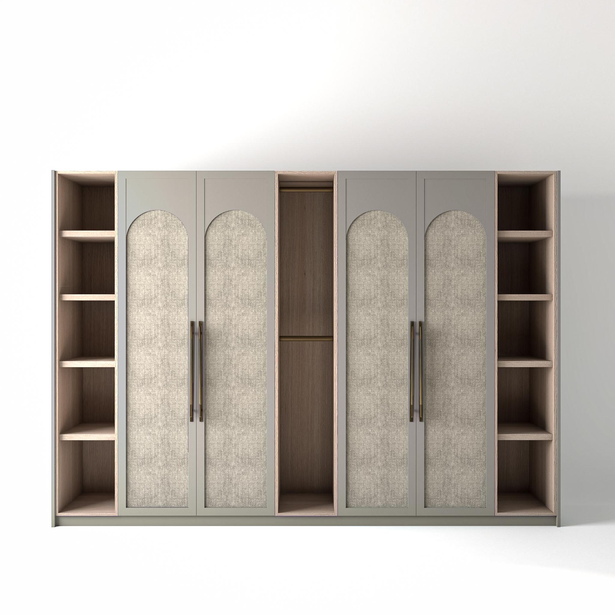 3.2 metre grey coloured freestanding wardrobe by On-Trend Wardrobes, with arched shaker door design including central arched linen fabric panel and slim open oak shelving and rail units between each wardrobe, in a white studio setting