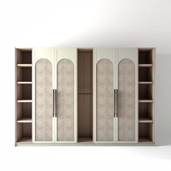 3.2 metre off-white coloured freestanding wardrobe by On-Trend Wardrobes, with arched shaker door design including central arched linen fabric panel and slim open oak shelving and rail units between each wardrobe, in a white studio setting