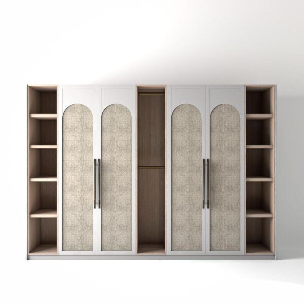 3.2 metre white coloured freestanding wardrobe by On-Trend Wardrobes, with arched shaker door design including central arched linen fabric panel and slim open oak shelving and rail units between each wardrobe, in a white studio setting