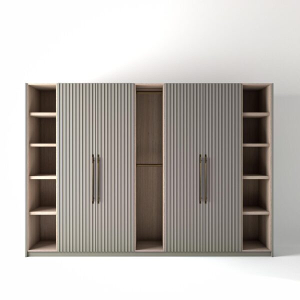 3.2 metre grey coloured freestanding wardrobe by On-Trend Wardrobes, with ribbed door design and slim open oak shelving and rail units between each wardrobe, in a white studio setting