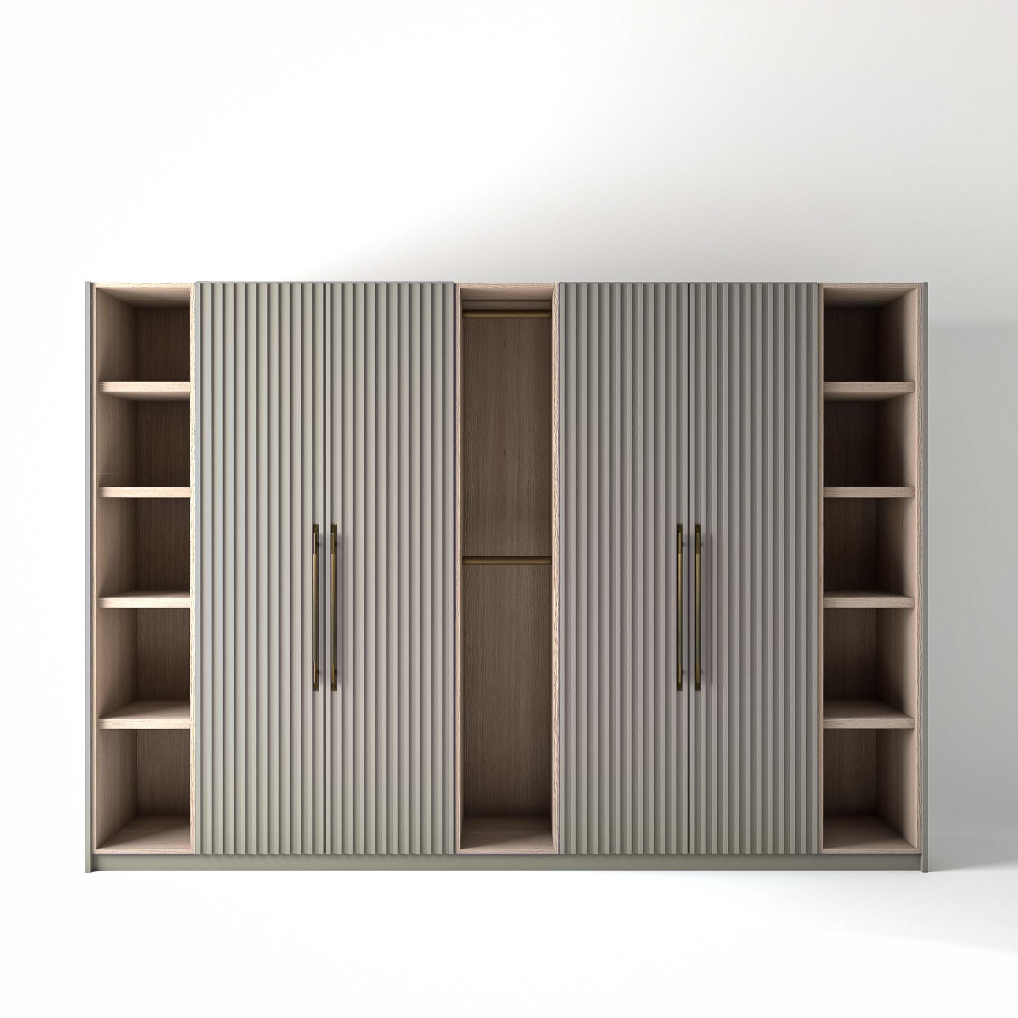 3.2 metre grey coloured freestanding wardrobe by On-Trend Wardrobes, with ribbed door design and slim open oak shelving and rail units between each wardrobe, in a white studio setting