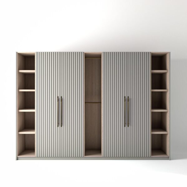 3.2 metre light grey coloured freestanding wardrobe by On-Trend Wardrobes, with ribbed door design and slim open oak shelving and rail units between each wardrobe, in a white studio setting