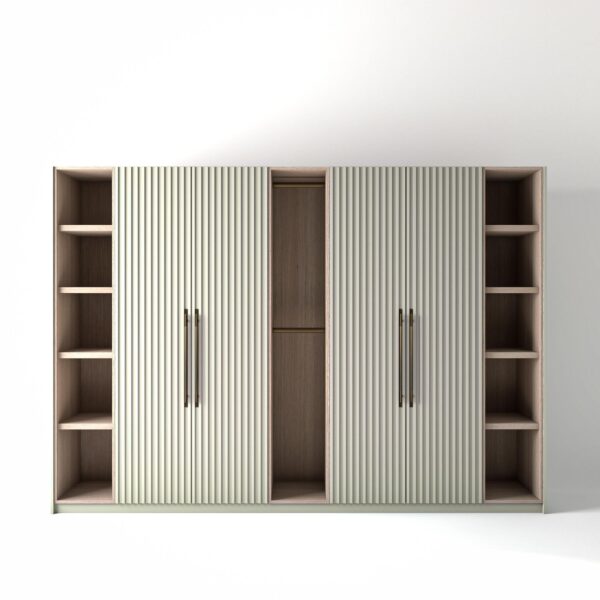 3.2 metre off-white coloured freestanding wardrobe by On-Trend Wardrobes, with ribbed door design and slim open oak shelving and rail units between each wardrobe, in a white studio setting