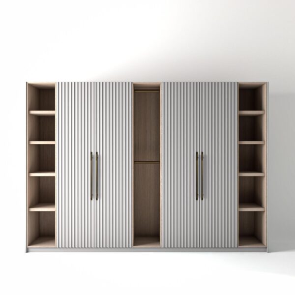 3.2 metre white coloured freestanding wardrobe by On-Trend Wardrobes, with ribbed door design and slim open oak shelving and rail units between each wardrobe, in a white studio setting