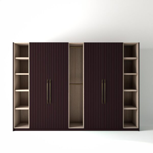 3.2 metre wine coloured freestanding wardrobe by On-Trend Wardrobes, with ribbed door design and slim open oak shelving and rail units between each wardrobe, in a white studio setting