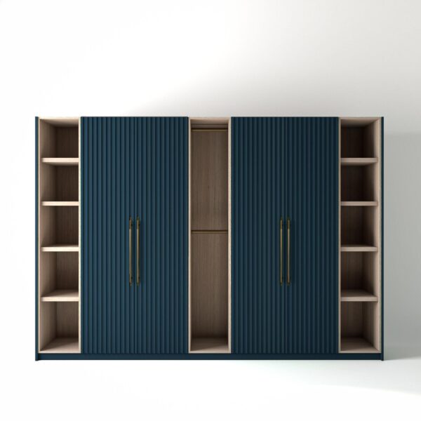 3.2 metre blue coloured freestanding wardrobe by On-Trend Wardrobes, with ribbed door design and slim open oak shelving and rail units between each wardrobe, in a white studio setting