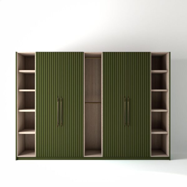 3.2 metre olive coloured freestanding wardrobe by On-Trend Wardrobes, with ribbed door design and slim open oak shelving and rail units between each wardrobe, in a white studio setting