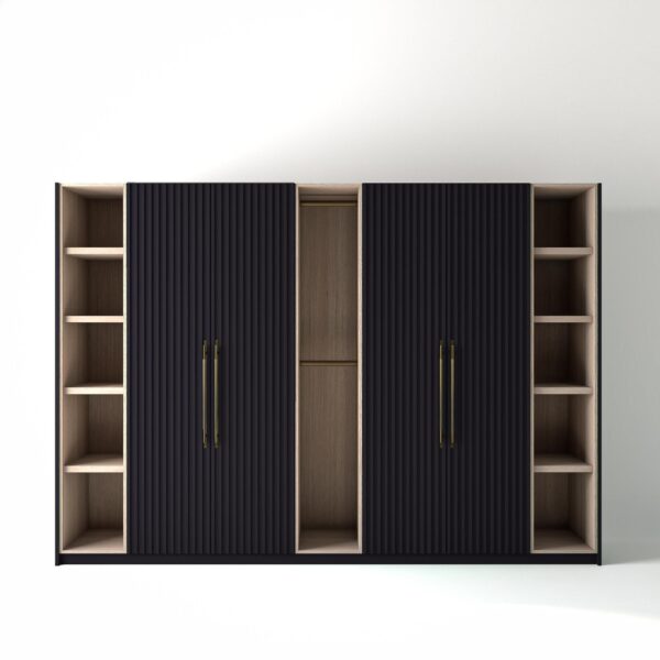 3.2 metre plum coloured freestanding wardrobe by On-Trend Wardrobes, with ribbed door design and slim open oak shelving and rail units between each wardrobe, in a white studio setting