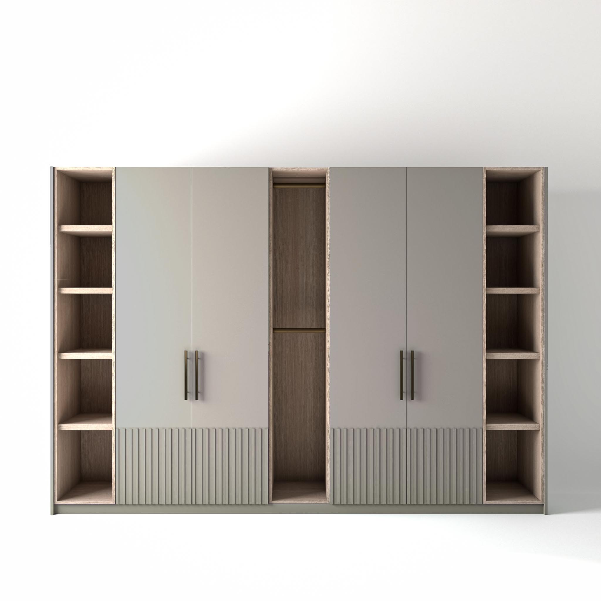 3.2 metre grey coloured freestanding wardrobe by On-Trend Wardrobes, with low ribbed door design and slim open oak shelving and rail units between each wardrobe, in a white studio setting